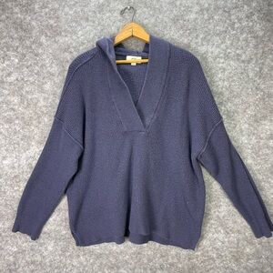 Aerie Sweater Womens Medium Blue Hooded Deep V Neck Waffle Knit Pullover Cozy